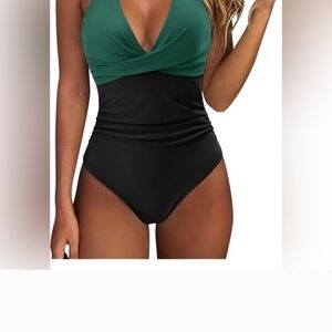Elegant Green and Black One-Piece Swimsuit